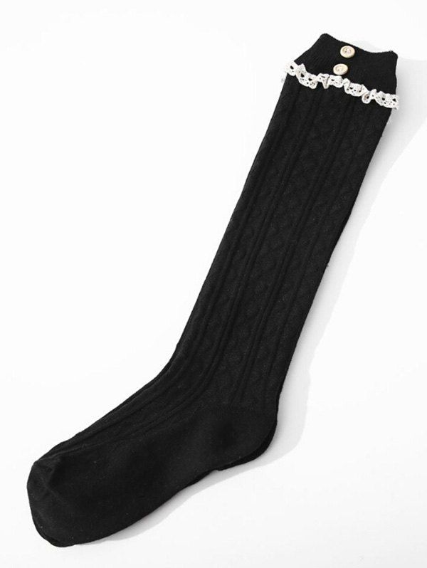 

Solid Color Button Lace Thigh Stocking, Black