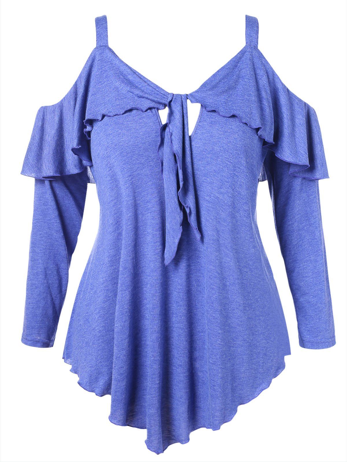 

Open Shoulder Plus Size Ruffle T-shirt, Steel blue