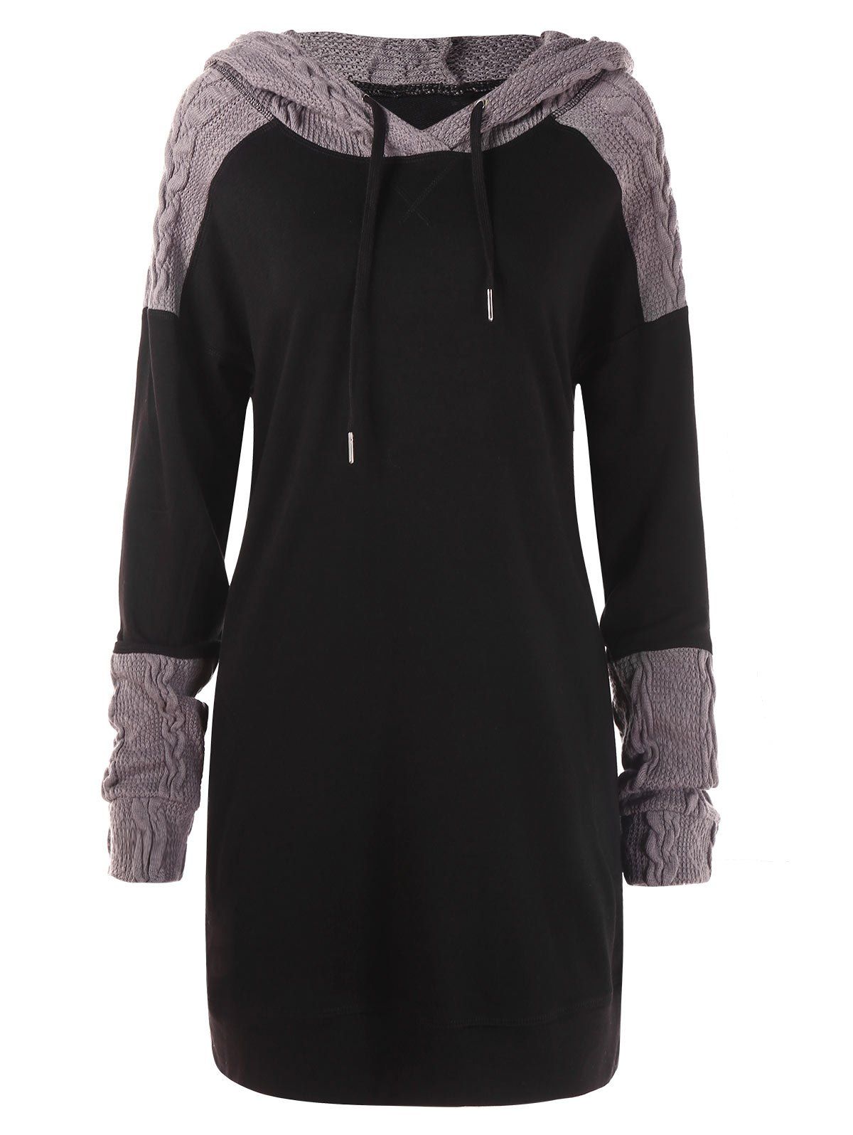 

Knit Panel Long Drawstring Hoodie, Black