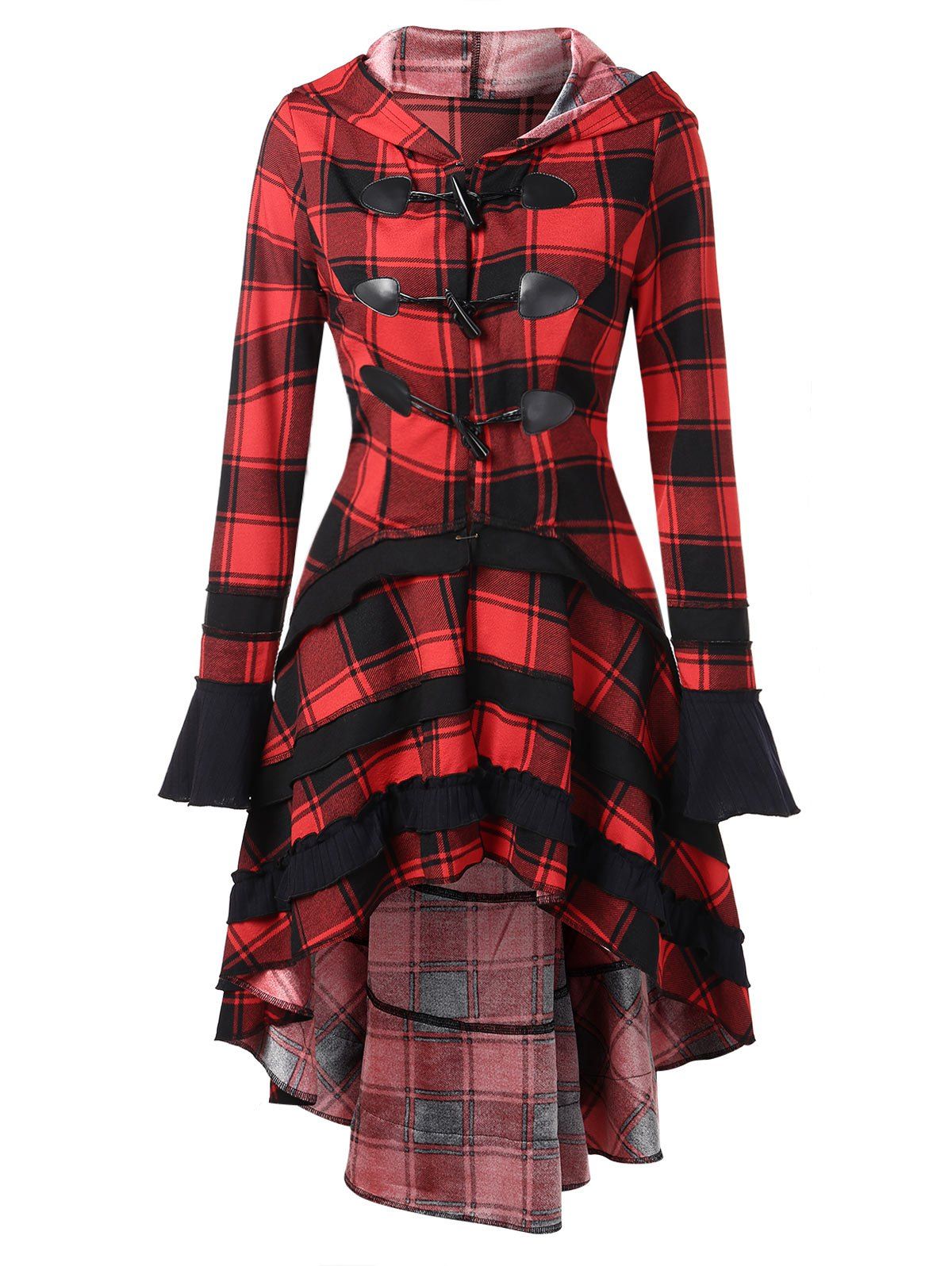 

Lace-up Ruffles Plaid High Low Coat, Multi
