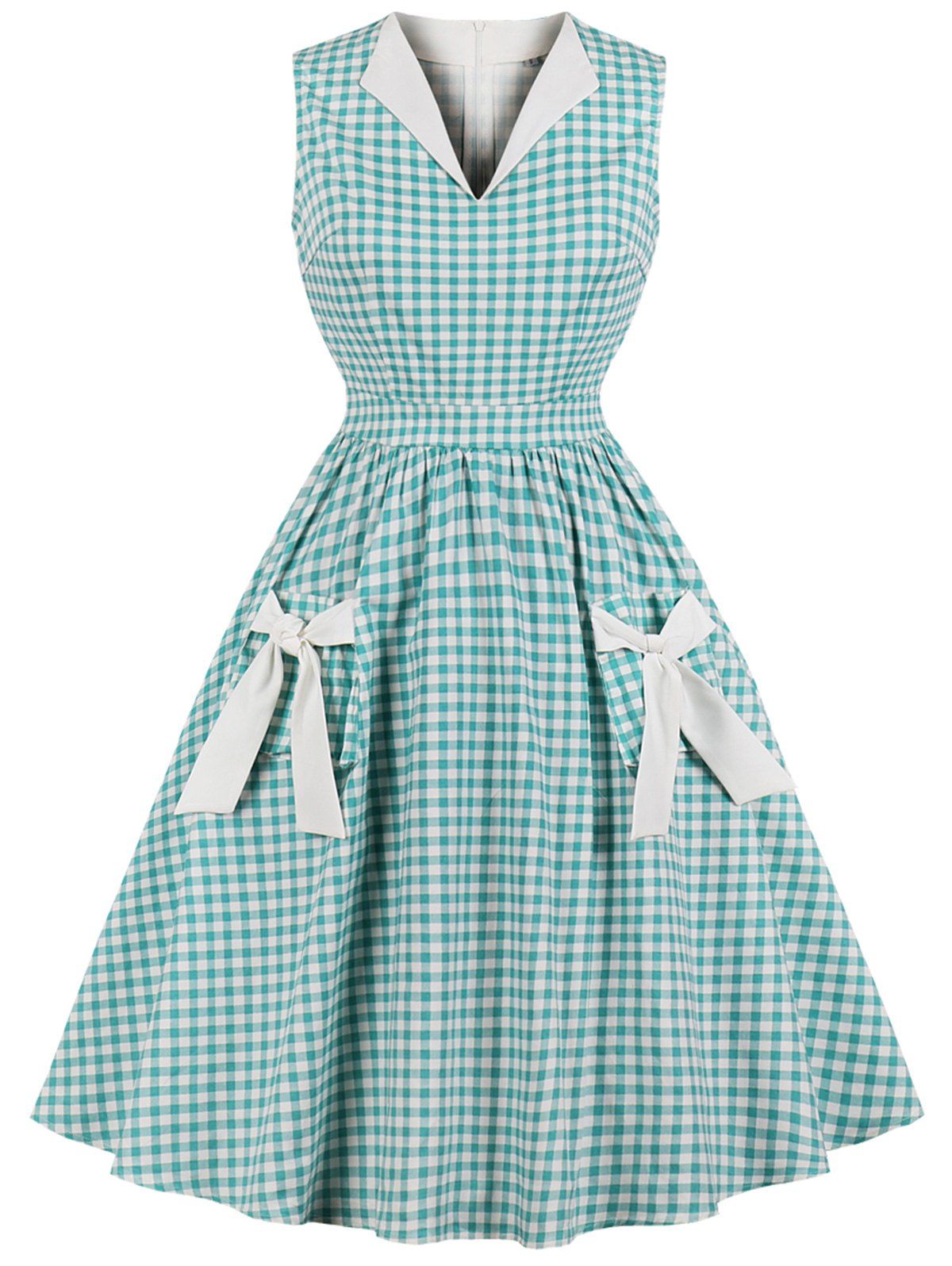 

Vintage Gingham Bowknot Pin Up Dress, Tron blue