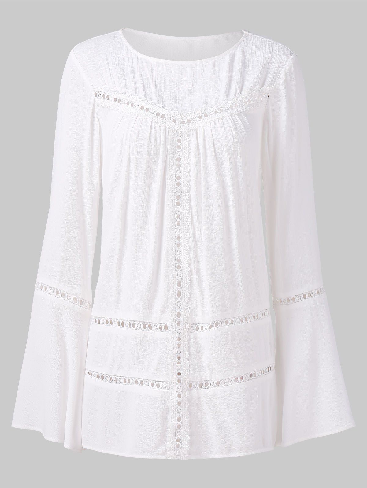 

Hollow Out Lace Insert Long Sleeve Blouse, White