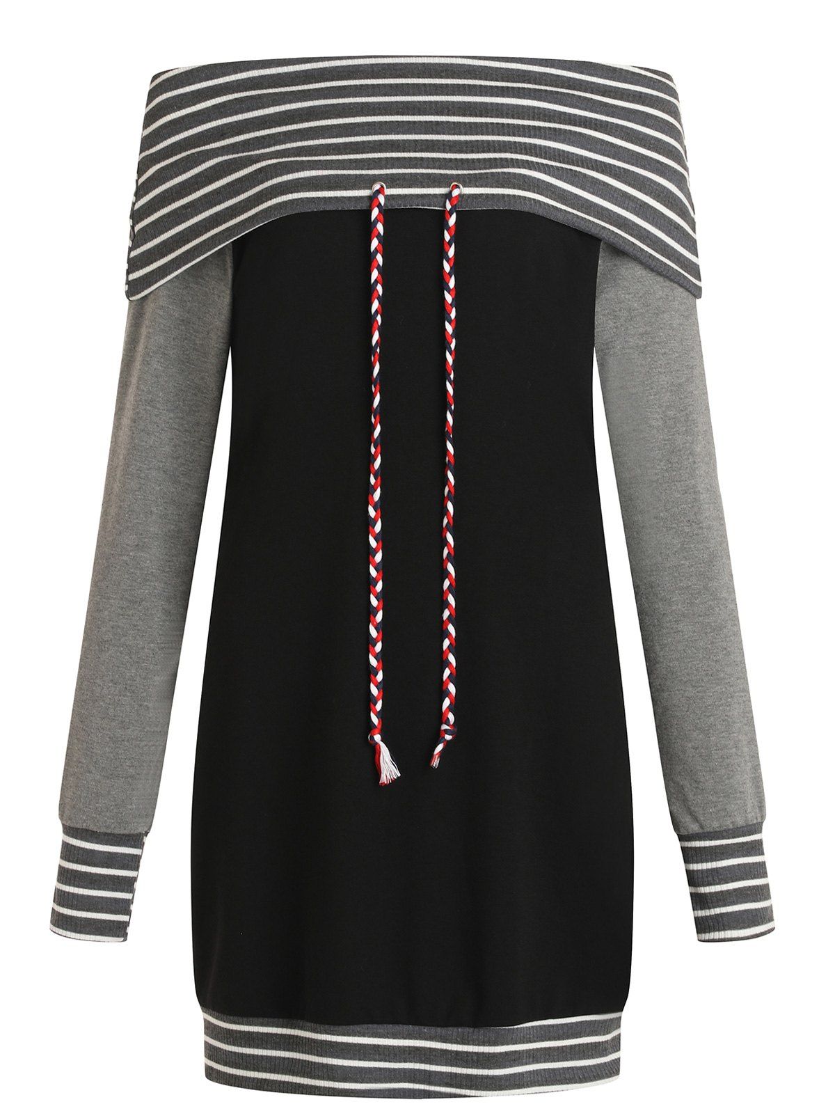 

Stripe Brim Drawstring Off Shoulder Dress, Black