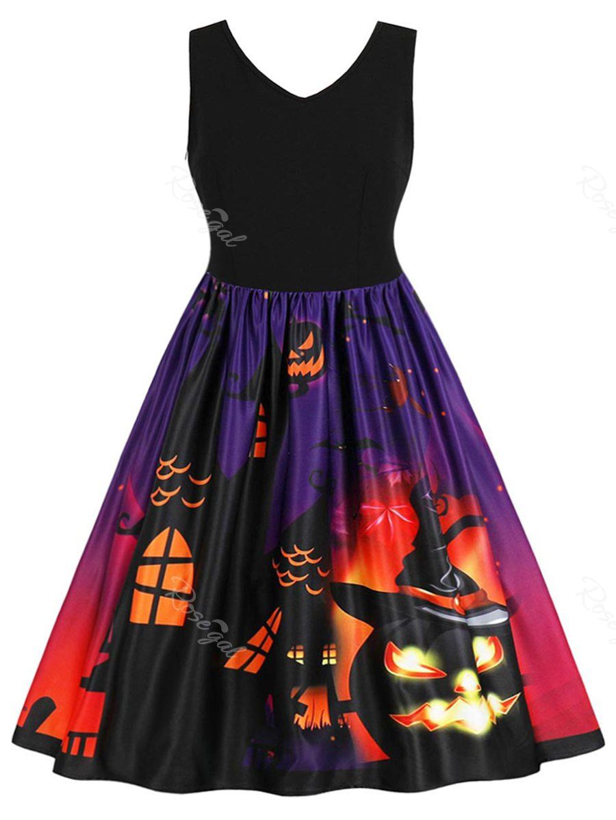 

Halloween Plus Size Pumpkin Pattern A Line Dress, Black