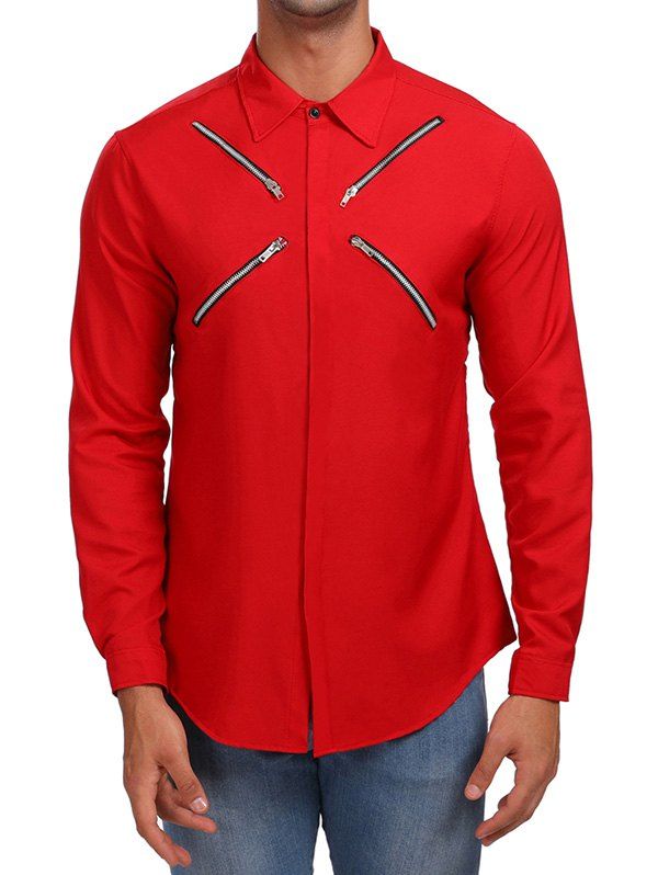 

Zippers Hidden Button Casual Shirt, Red