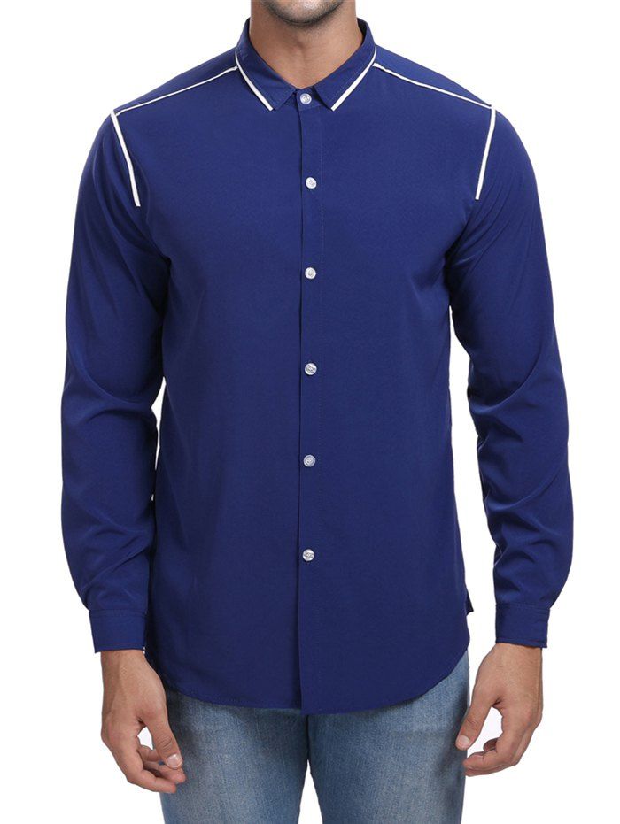 

Line Print Contrast Color Long Sleeve Shirt, Cadetblue