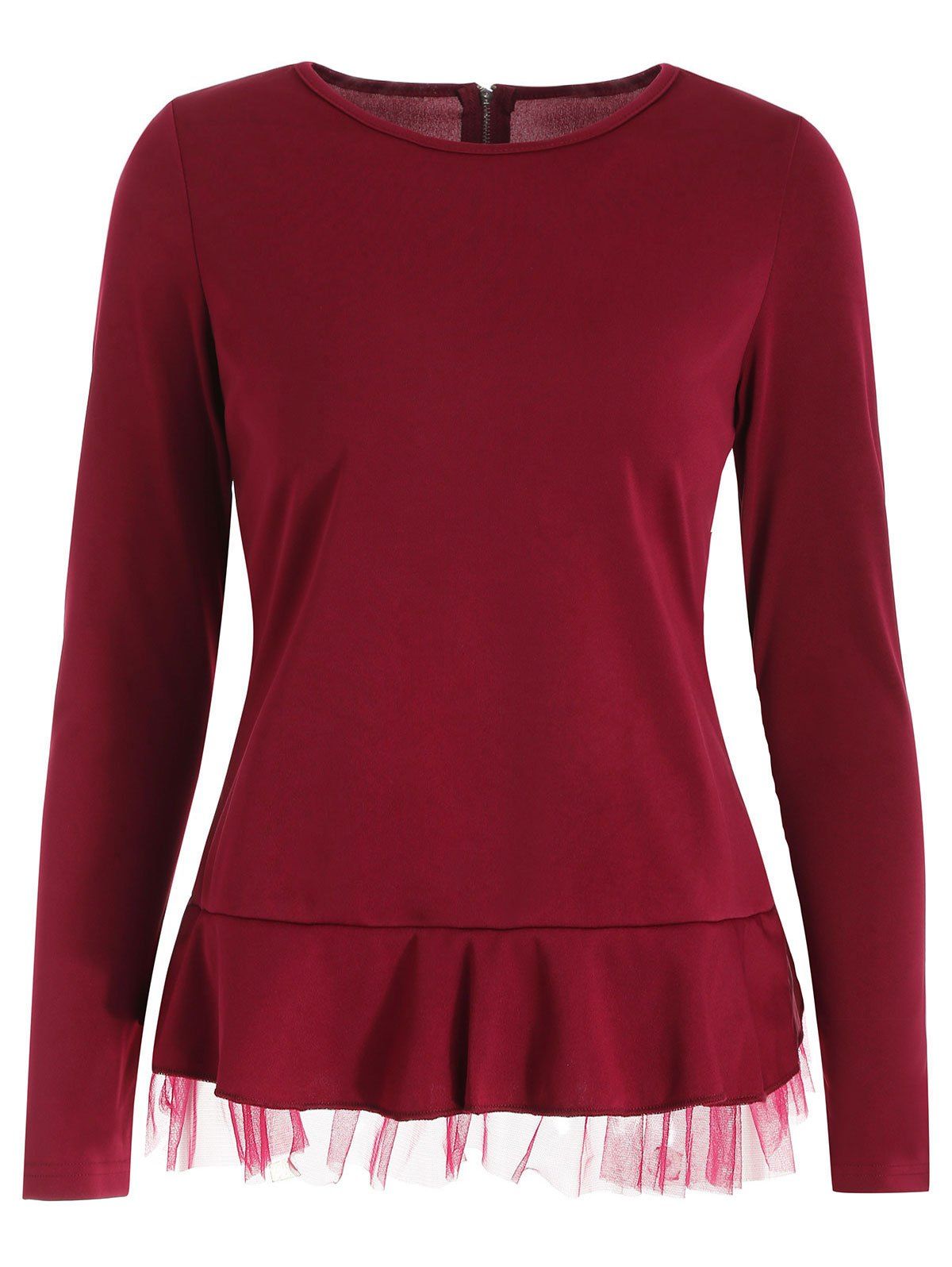 

Ruffle Hem Long Sleeve Top, Red wine