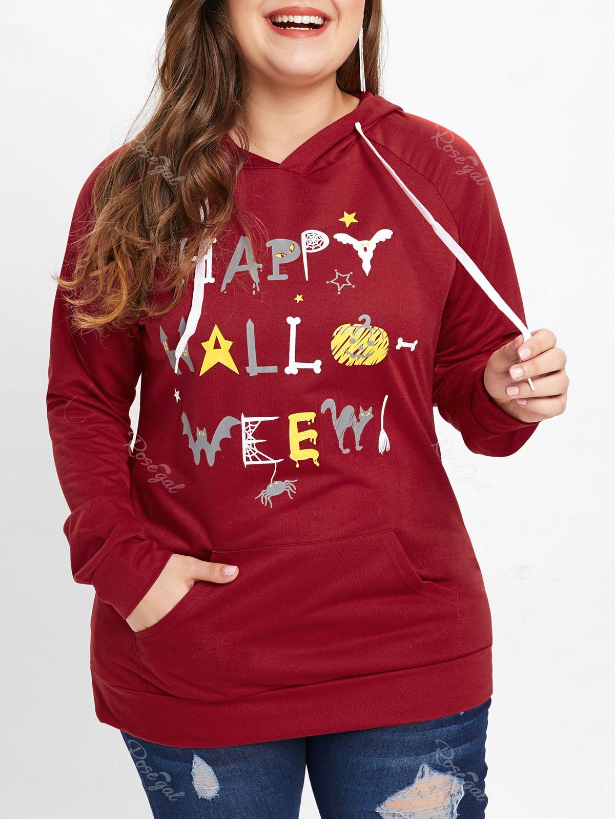 

Plus Size Happy Halloween Hoodie, Red wine