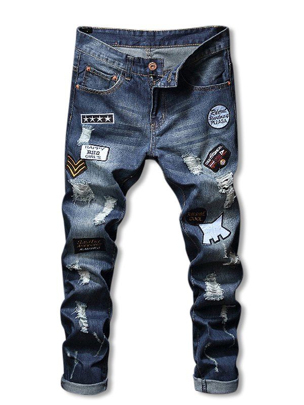 

Letter Applique Zip Fly Ripped Jeans, Blue