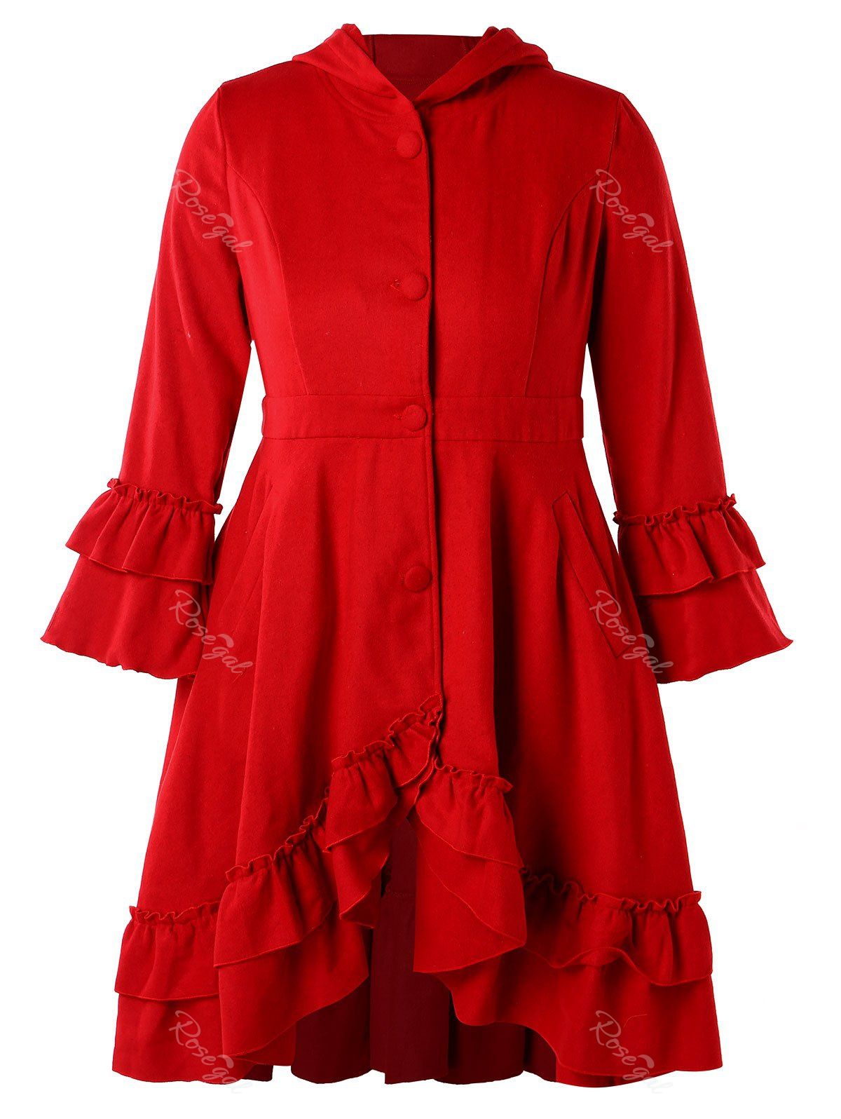 

Hooded Ruffles Plus Size Coat, Red