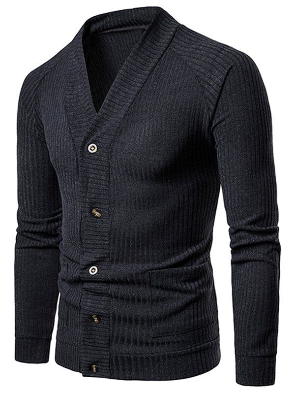 V Neck Casual Rib Cardigan, Dark slate grey