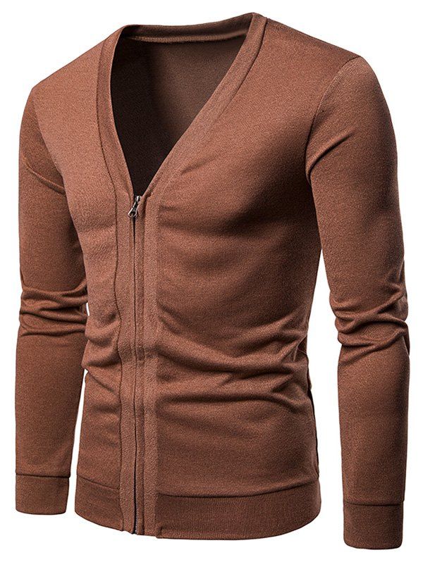 

V Neck Casual Zipper Jacket, Brown