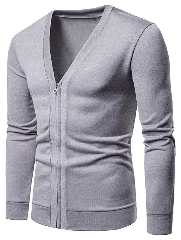 

V Neck Casual Zipper Jacket, Light gray