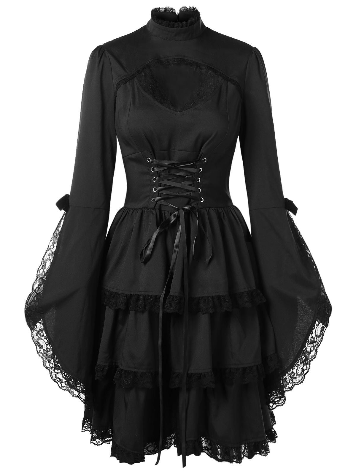Store Flare Sleeve Cut Out Lace Trim Dress  