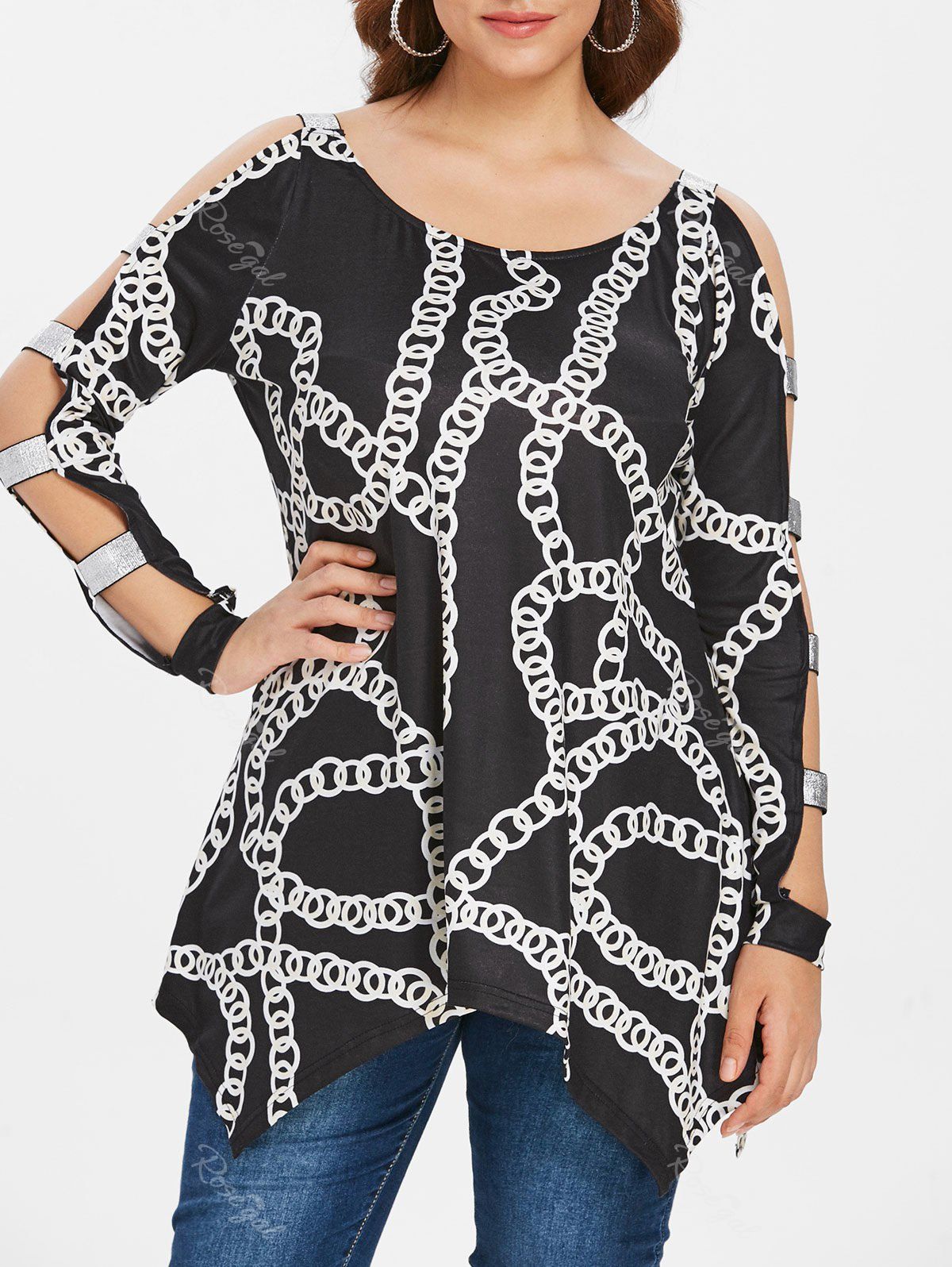 

Plus Size Chain Print Lattice Longline Top, Black