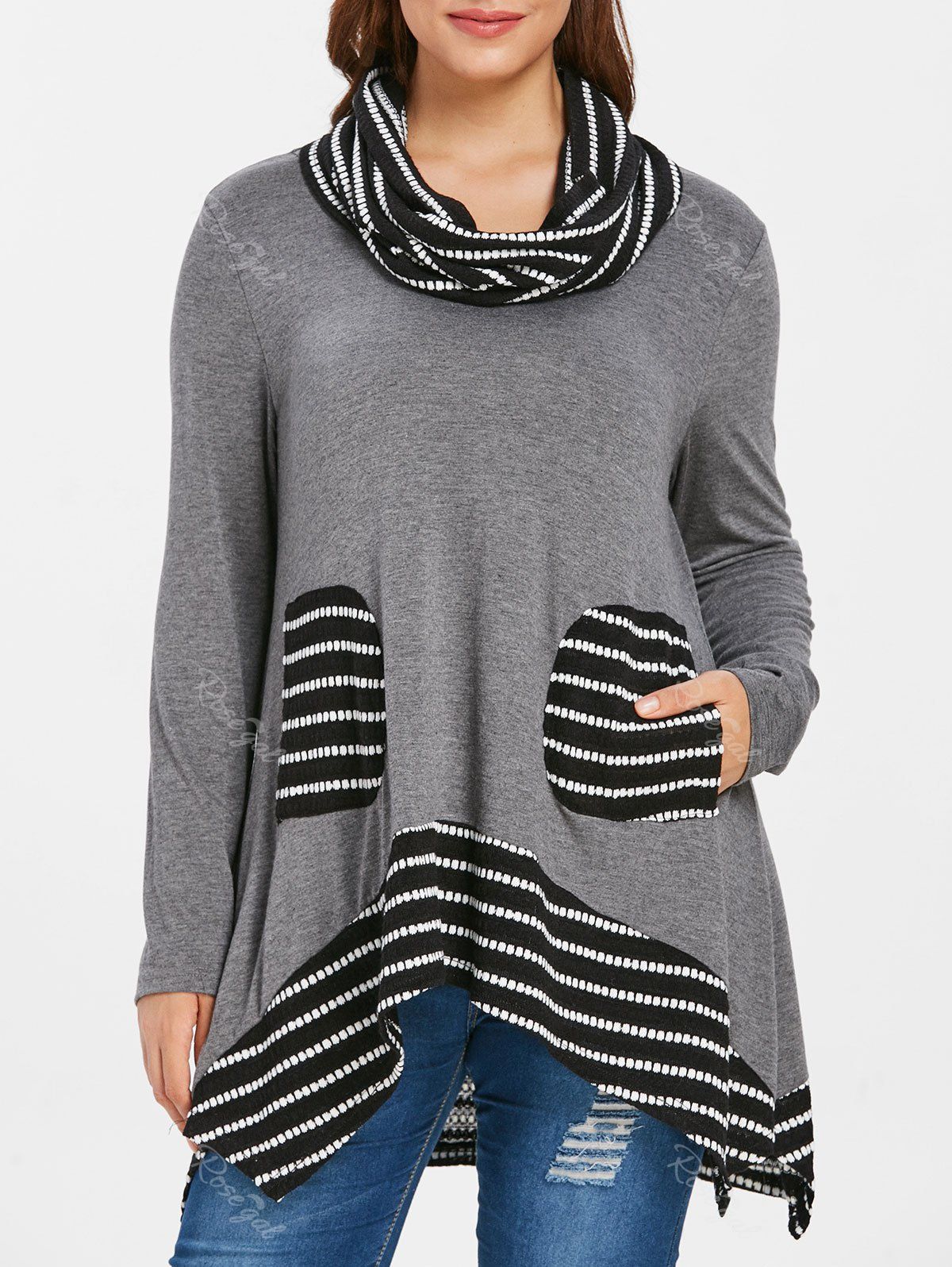 

Plus Size Pockets Longline T-shirt with Scarf, Dark gray