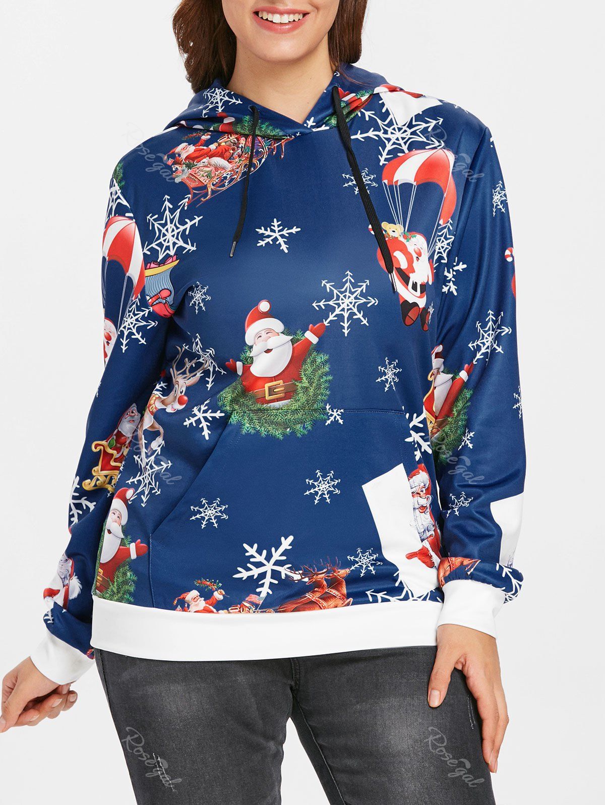 

Plus Size Santas Snowflake Christmas Kangaroo Pocket Hoodie, Blue