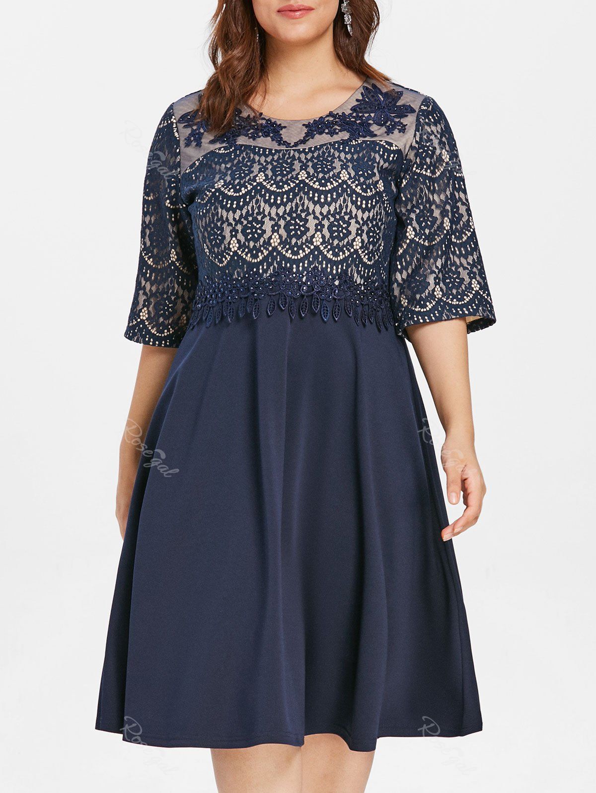 

Lace Panel Plus Size Rhinestone Embellished Knee Length Dress, Deep blue