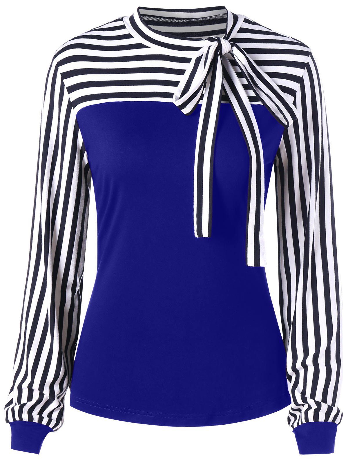 

Bowknot Long Sleeve Striped Top, Denim dark blue