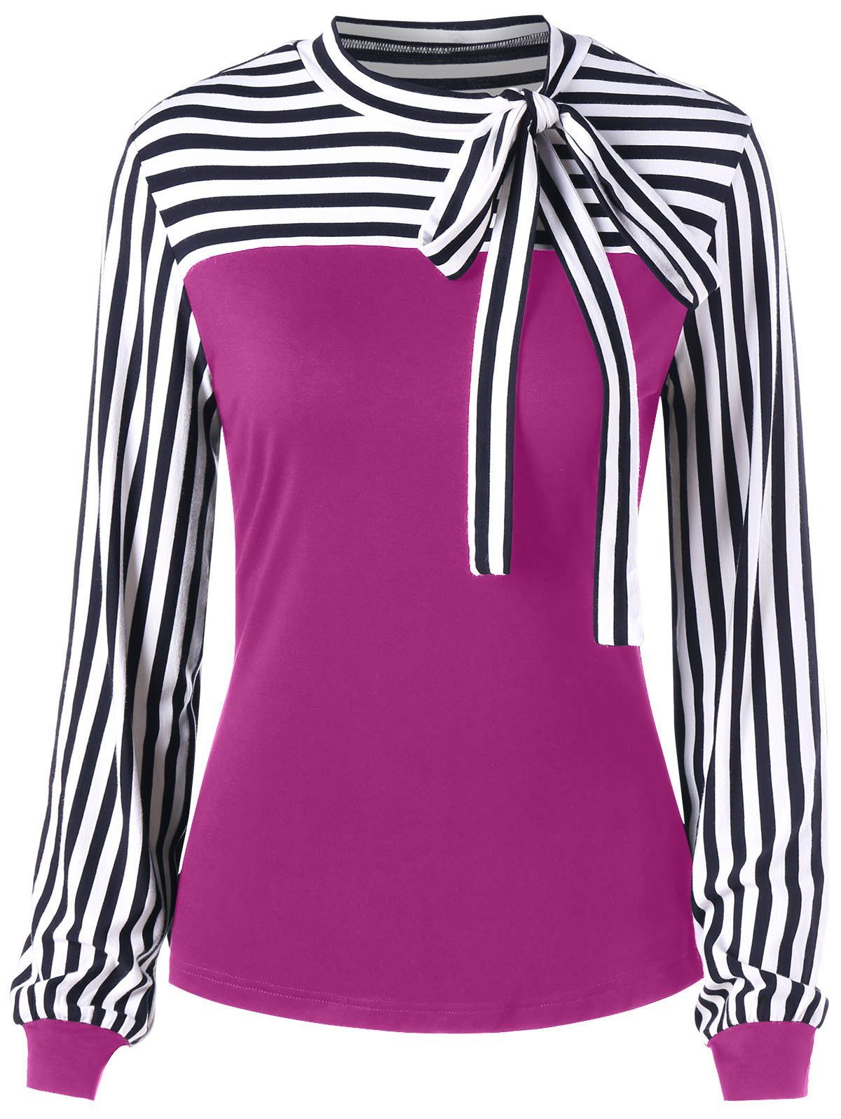 

Bowknot Long Sleeve Striped Top, Rose red