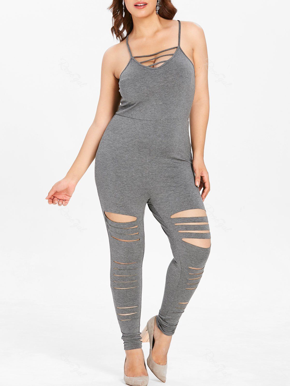 

Plus Size Ripped Cami Jumpsuit with Lattice, Dark gray