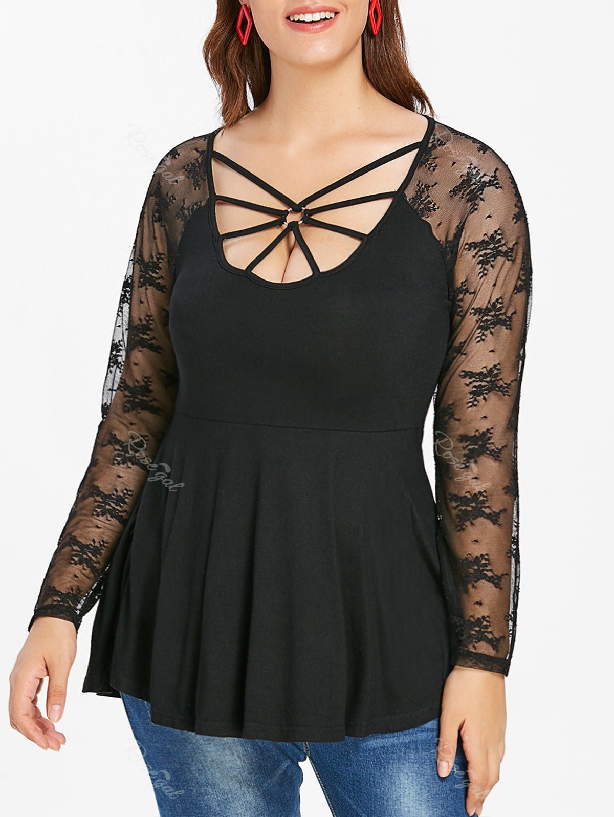 

Plus Size Lace Panel O Ring Cut Out Tee, Black