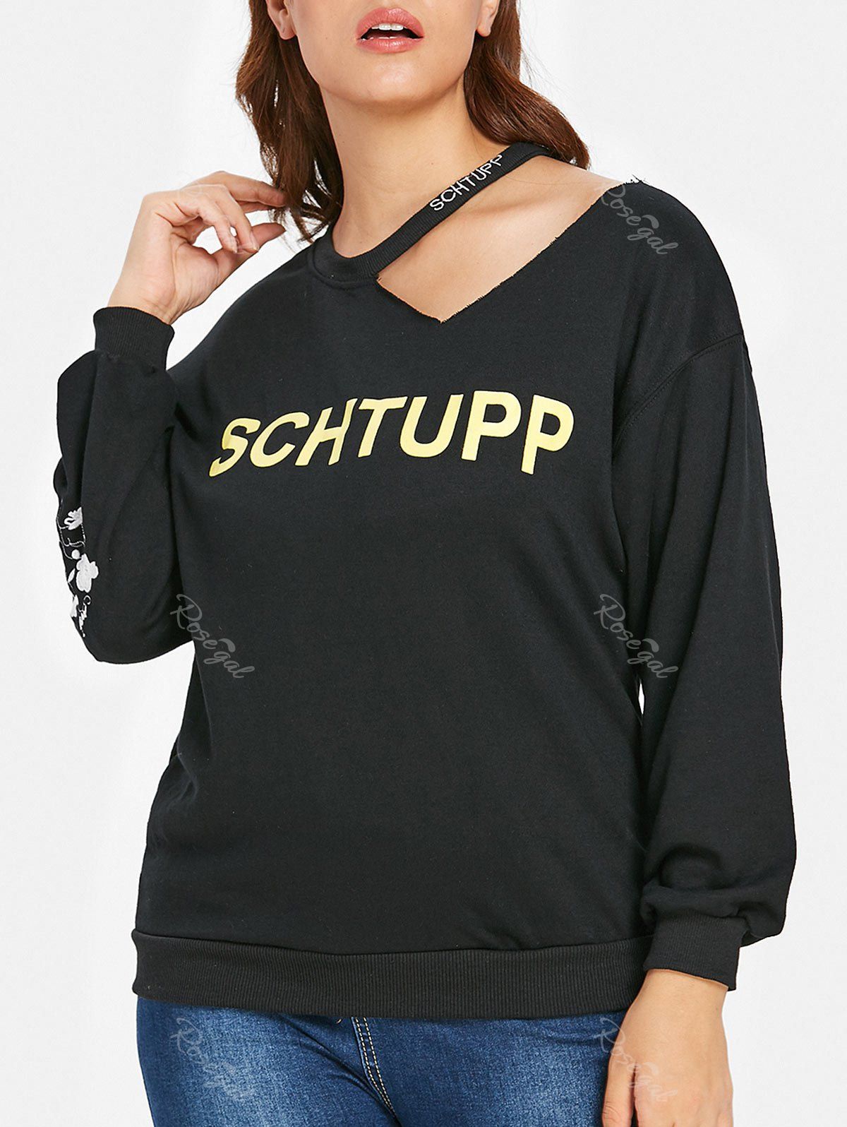 

Plus Size Letter Pattern Cut Out Sweatshirt, Black