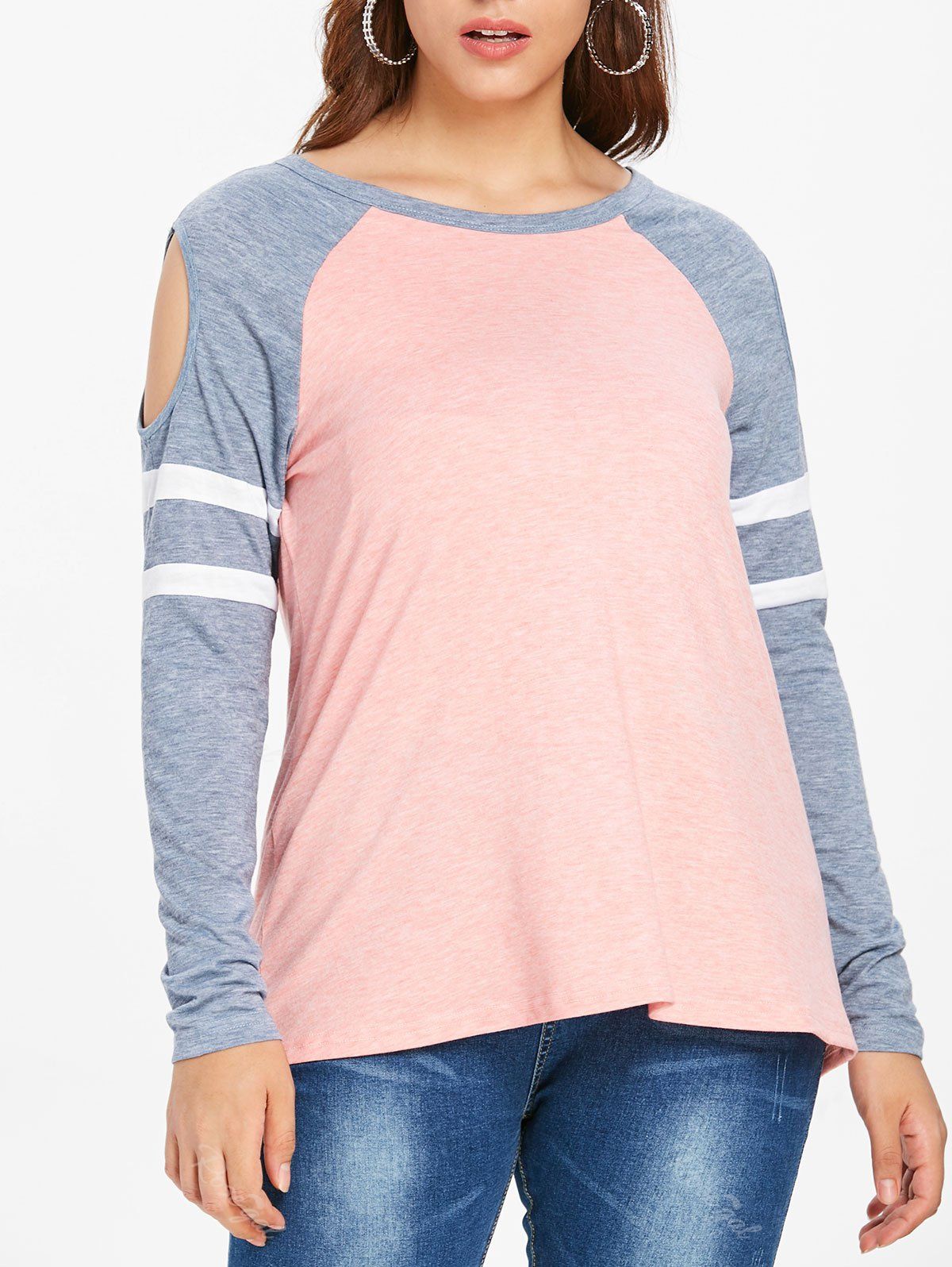 

Plus Size Stripes Color Block Long Sleeve Tee, Light pink