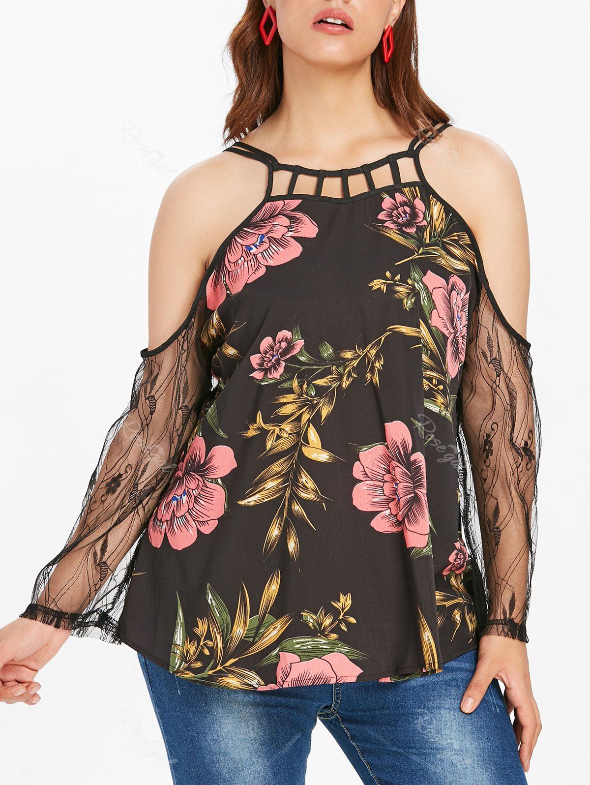 

Plus Size Lattice Floral Lace Top, Multi