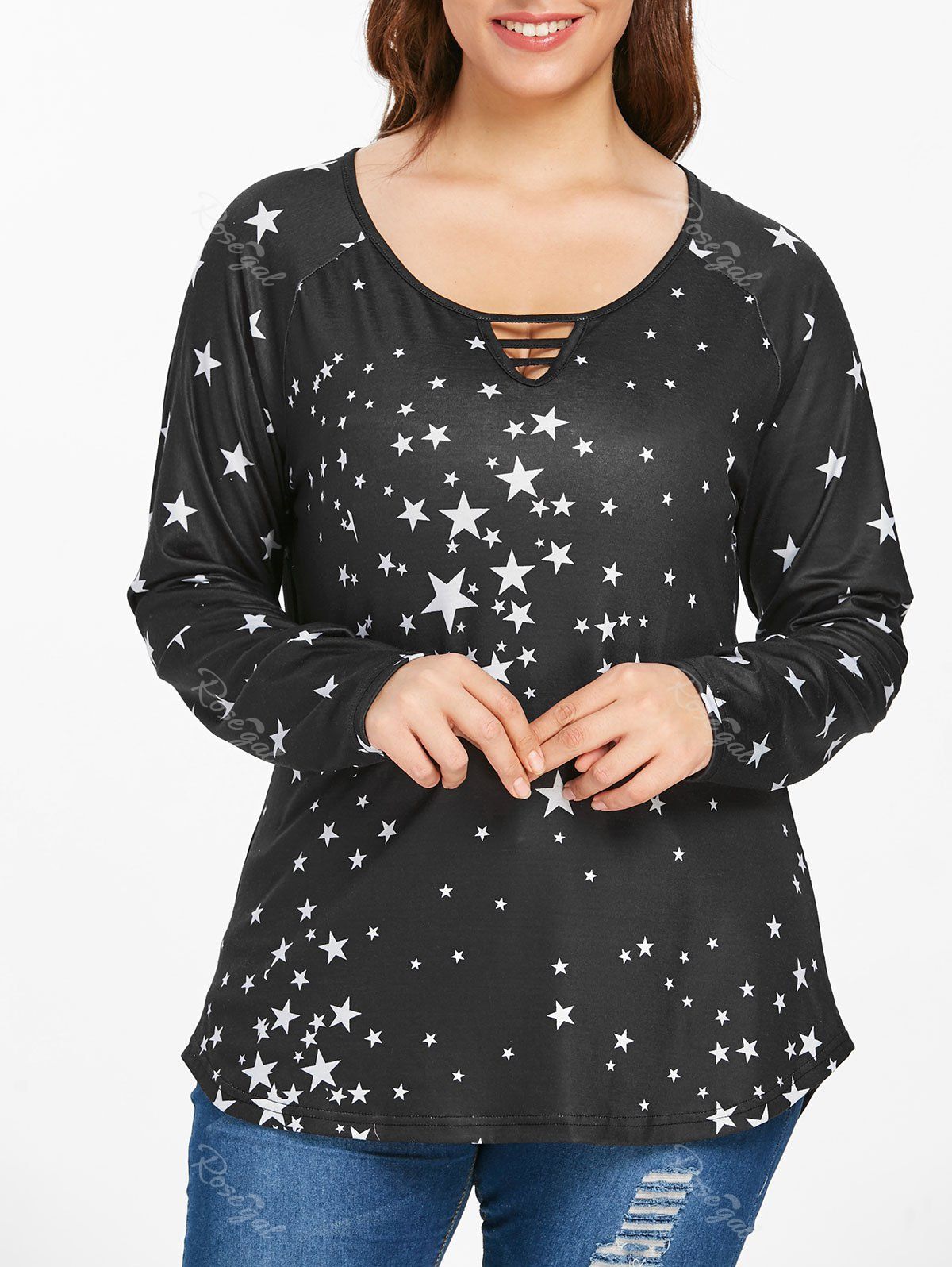

Plus Size Stars Lattice Asymmetric T-shirt, Black