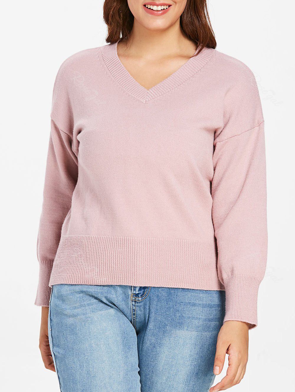 

Plus Size V Neck Ribbed Detail Sweater, Light pink