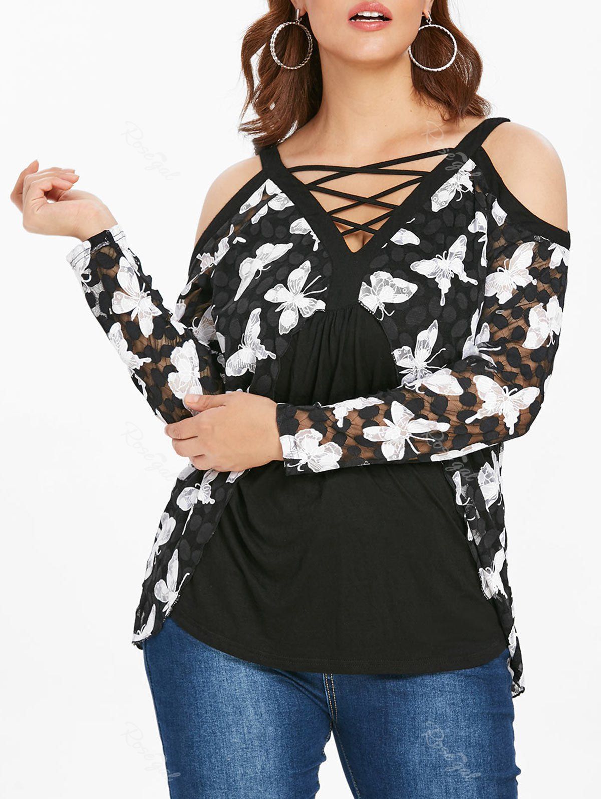 

Plus Size Cold Shoulder Criss Cross V Neck Butterfly Top, Black