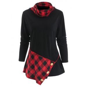 

Long Sleeve Heap Collar Tartan Panel T-shirt, Black