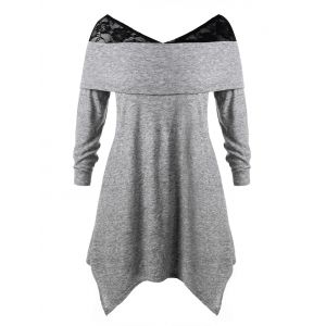 

V Neck Lace Panel Plus Size T-shirt, Gray
