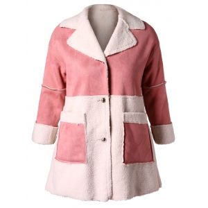 

Plus Size Suede Splicing Faux Lamb Wool Color Block Coat, Light pink