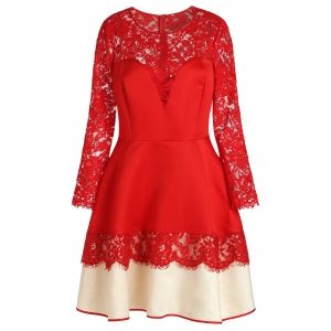 

Plus Size See-through Lace Spliced Color Block Dress, Scarlet