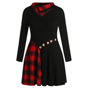 

Plus Size Plaid Patchwork Buttons Funnel Collar Dress, Black