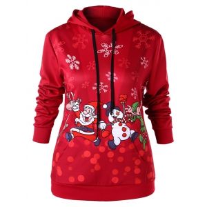 

Plus Size Kangaroo Pocket Christmas Snowflake Santa Claus Hoodie, Red