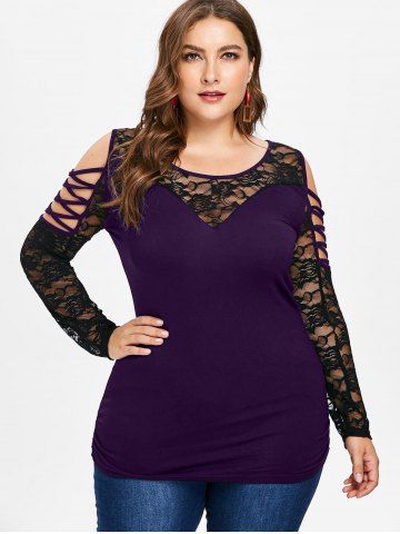 

Plus Size Lace Sleeve Cold Shoulder Tunic Tee, Purple iris
