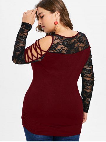 

Plus Size Lace Sleeve Cold Shoulder Tunic Tee, Red wine