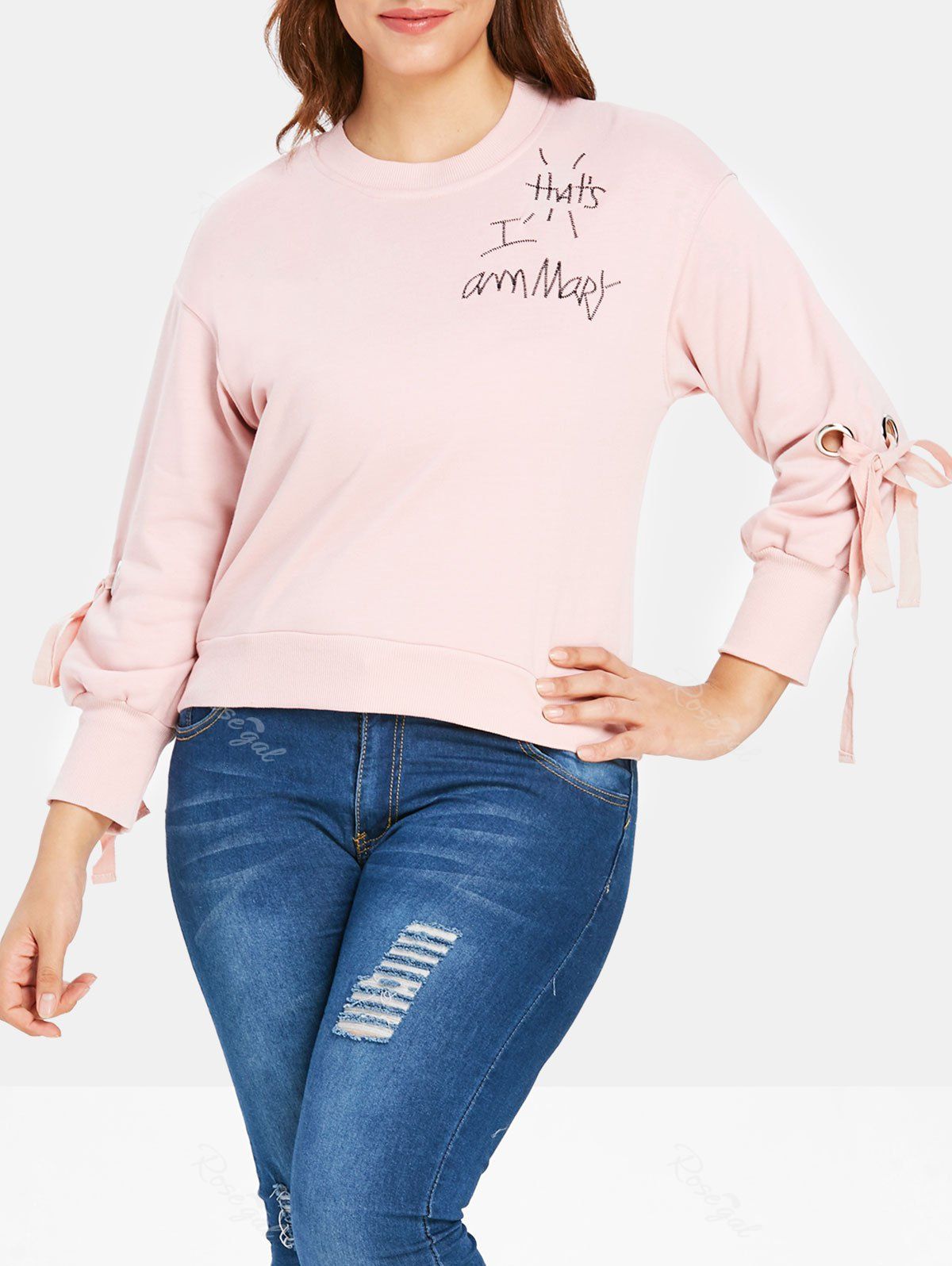 

Plus Size Bow Tie Letter Sweatshirt, Light pink