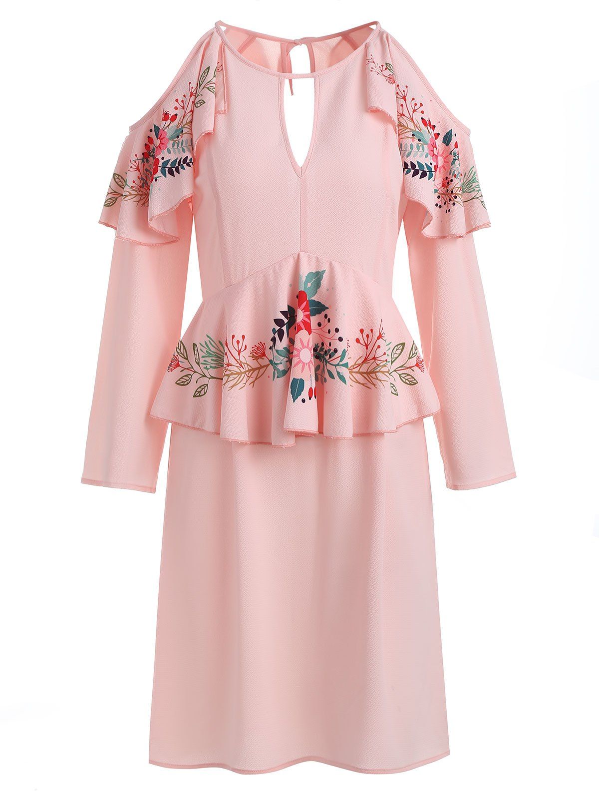

Print Ruffle Cold Shoulder Dress, Pink