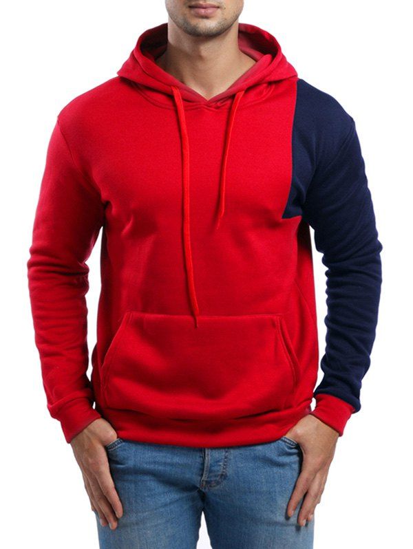 

Asymmetric Contrast Color Pullover Hoodie, Red