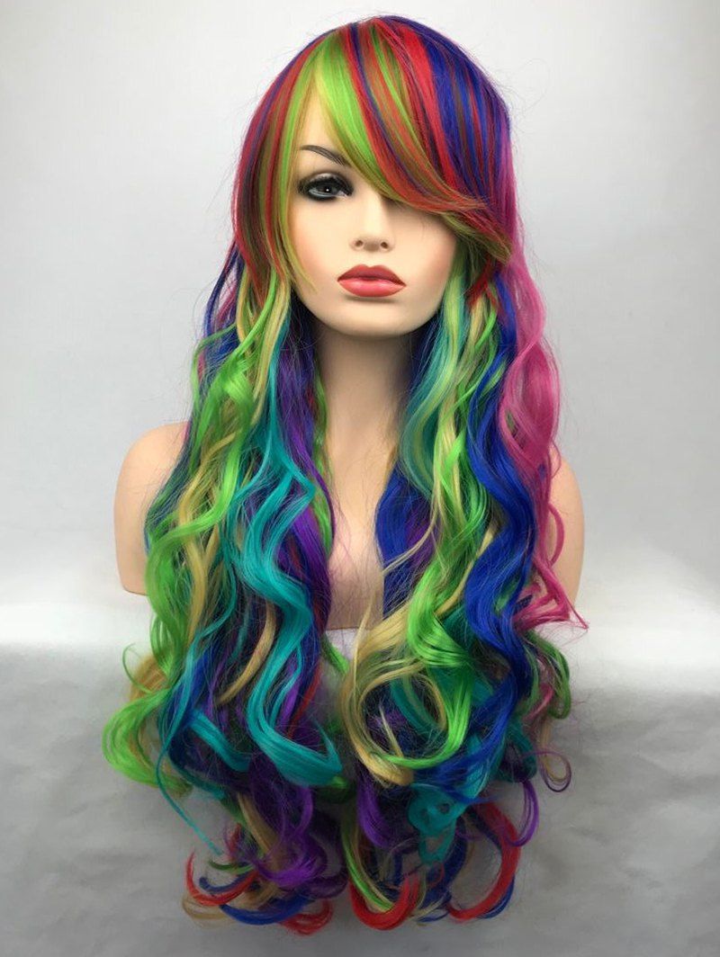 2019 Inclined Bang Long Colorful Wavy Party Carnival Synthetic Wig