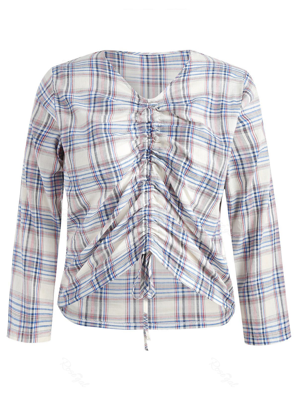 

Plus Size Ruched Drawstring Plaid T-shirt, Multi