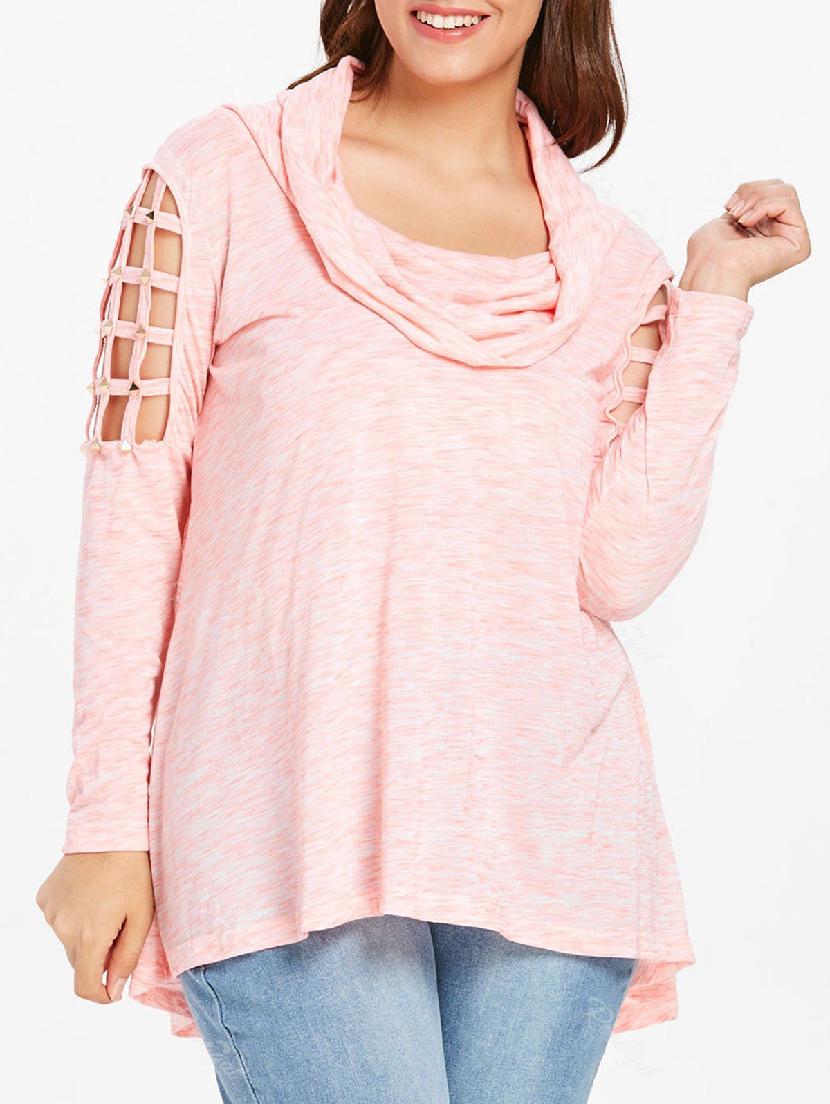 

Plus Size Rivets Detail Cowl Neck T-shirt, Sakura pink