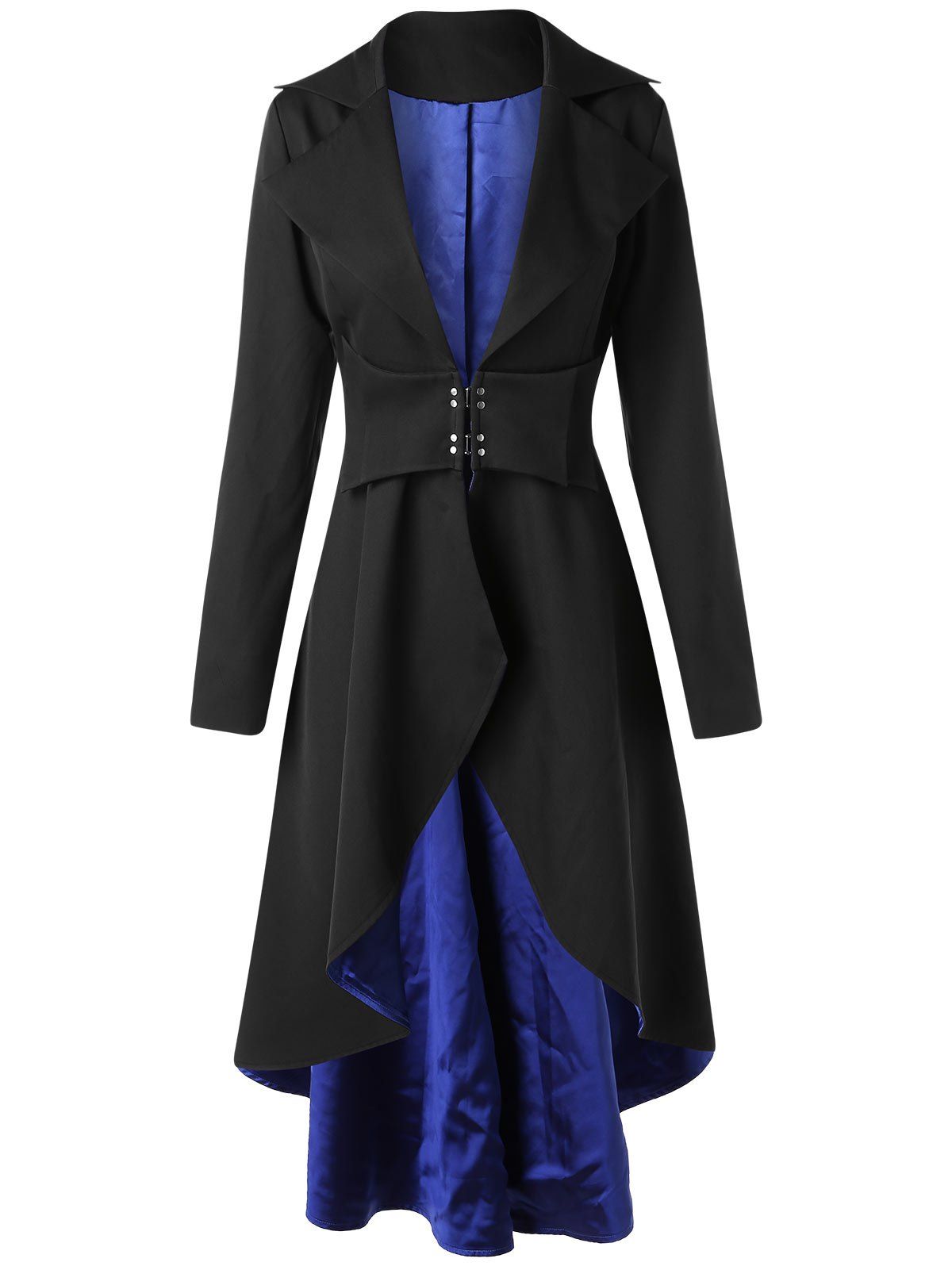 

High Low Lapel Collar Skirted Longline Coat, Black