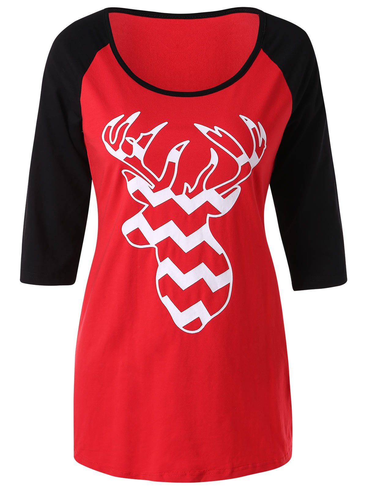 

Christmas Elk Print Three Quarter Sleeve T-shirt, Red