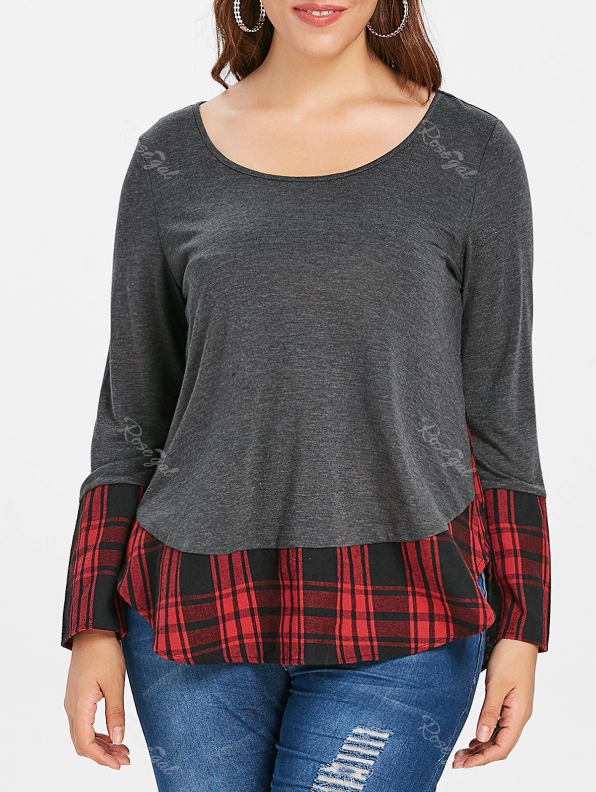 

Casual Plus Size Plaid Panel Tee, Love red
