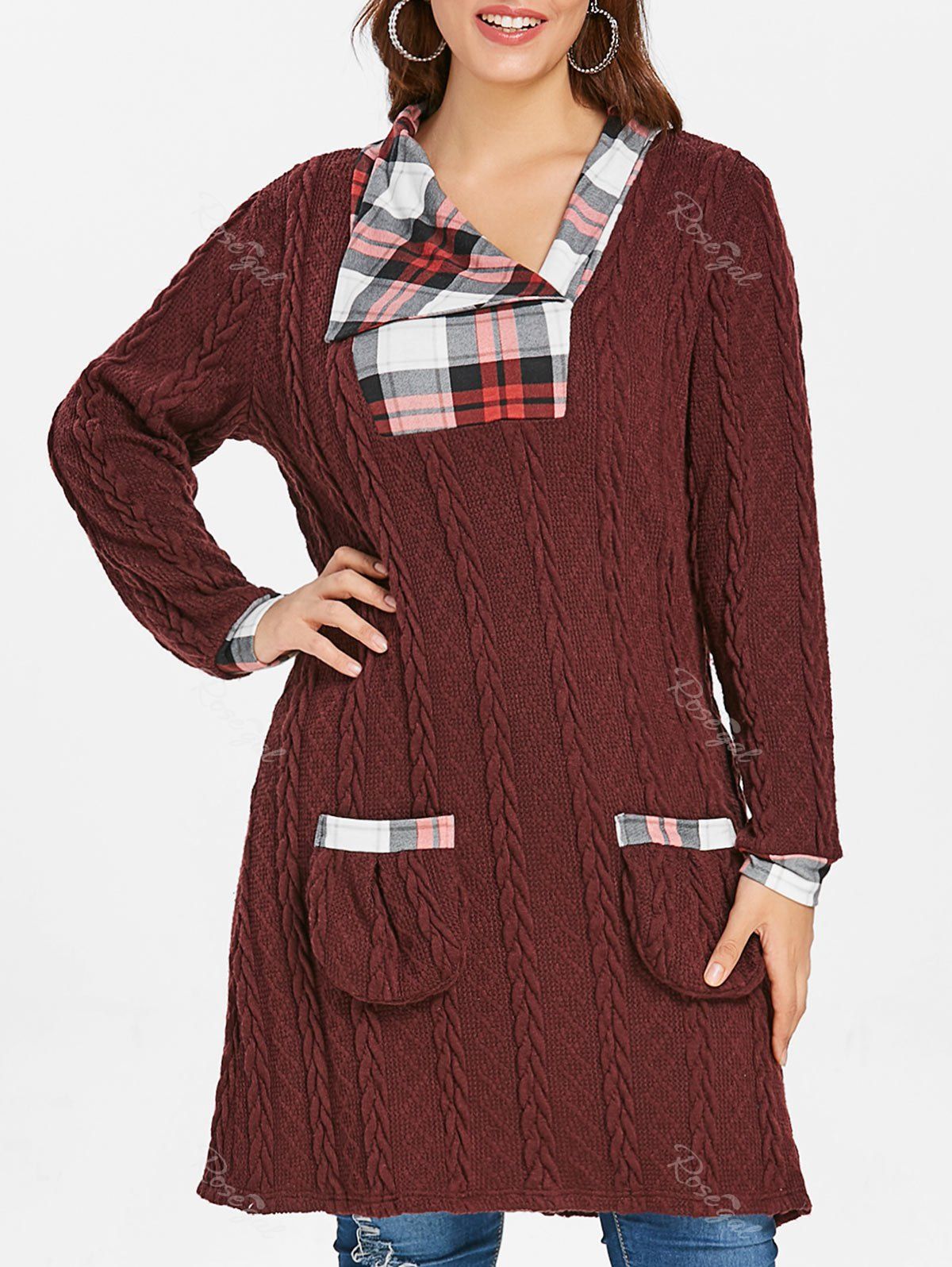 

Plus Size Plaid Cable Knit Sweater, Firebrick